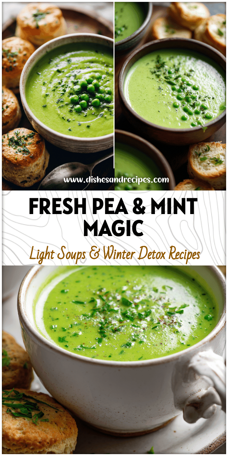 Bowl of Vegan Pea And Mint Soup garnished with herbs beside Savory Scones for a fresh Spring Lunch.