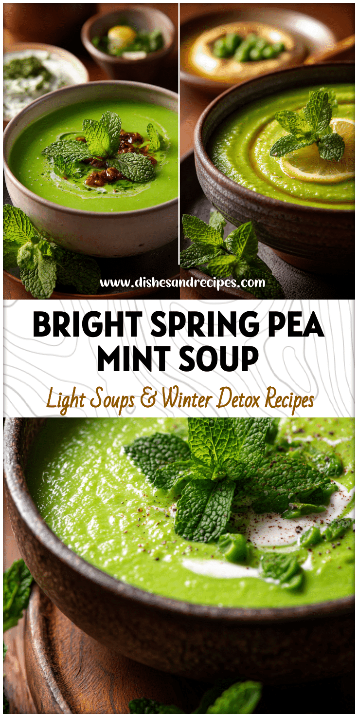 Bowl of Spring Pea Soup garnished with mint, Lemon Herb, and Salad Toppings beside creamy Roasted Eggplant Dip.