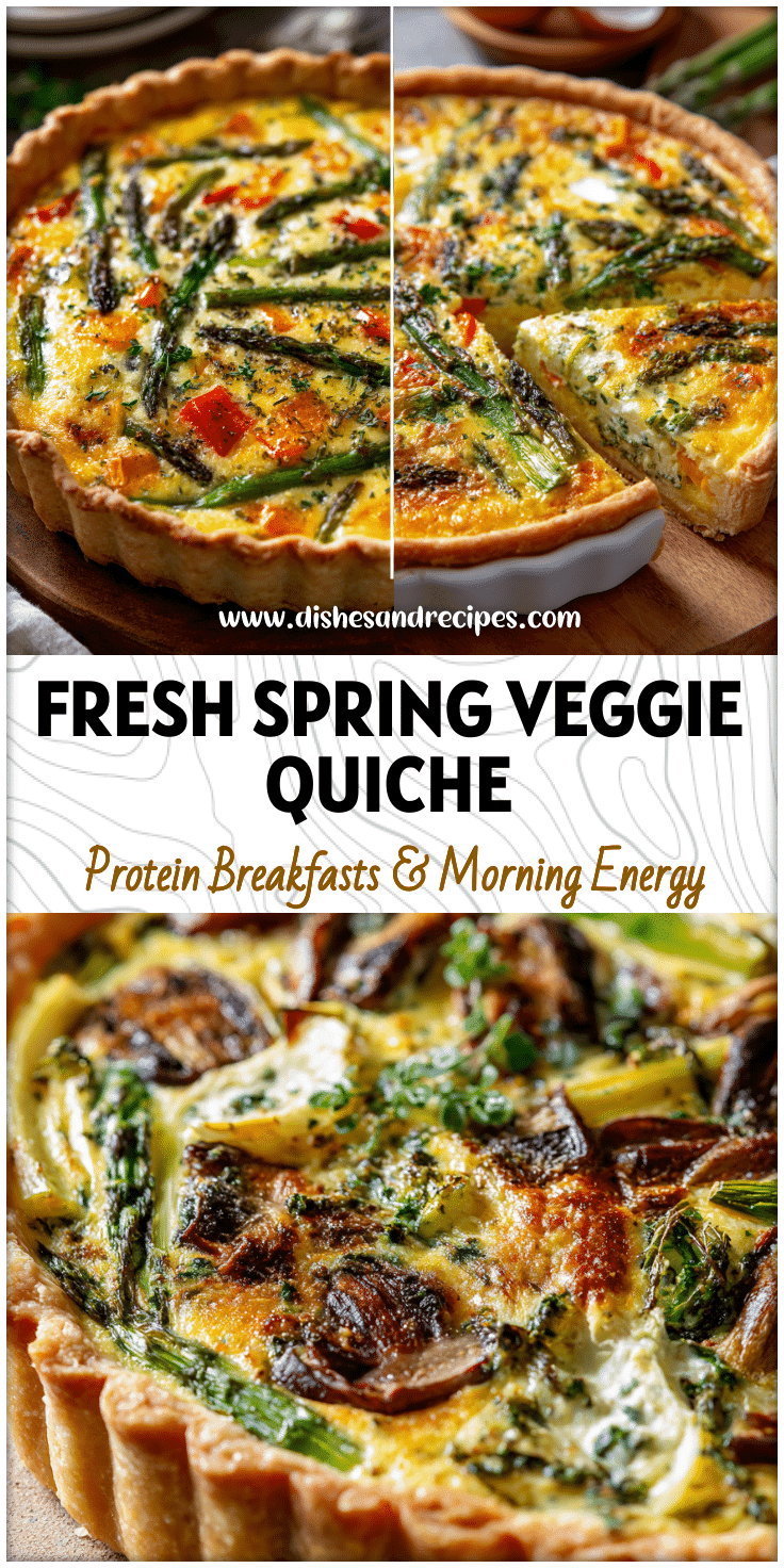 A golden-baked homemade vegetarian quiche with fresh spring vegetables and herbs, perfect for breakfast or lunch.