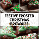 Frosted Christmas Brownies Shaped Like Christmas Trees 5 Frosted Christmas Tree Brownies decorated with icing and sprinkles on a festive plate