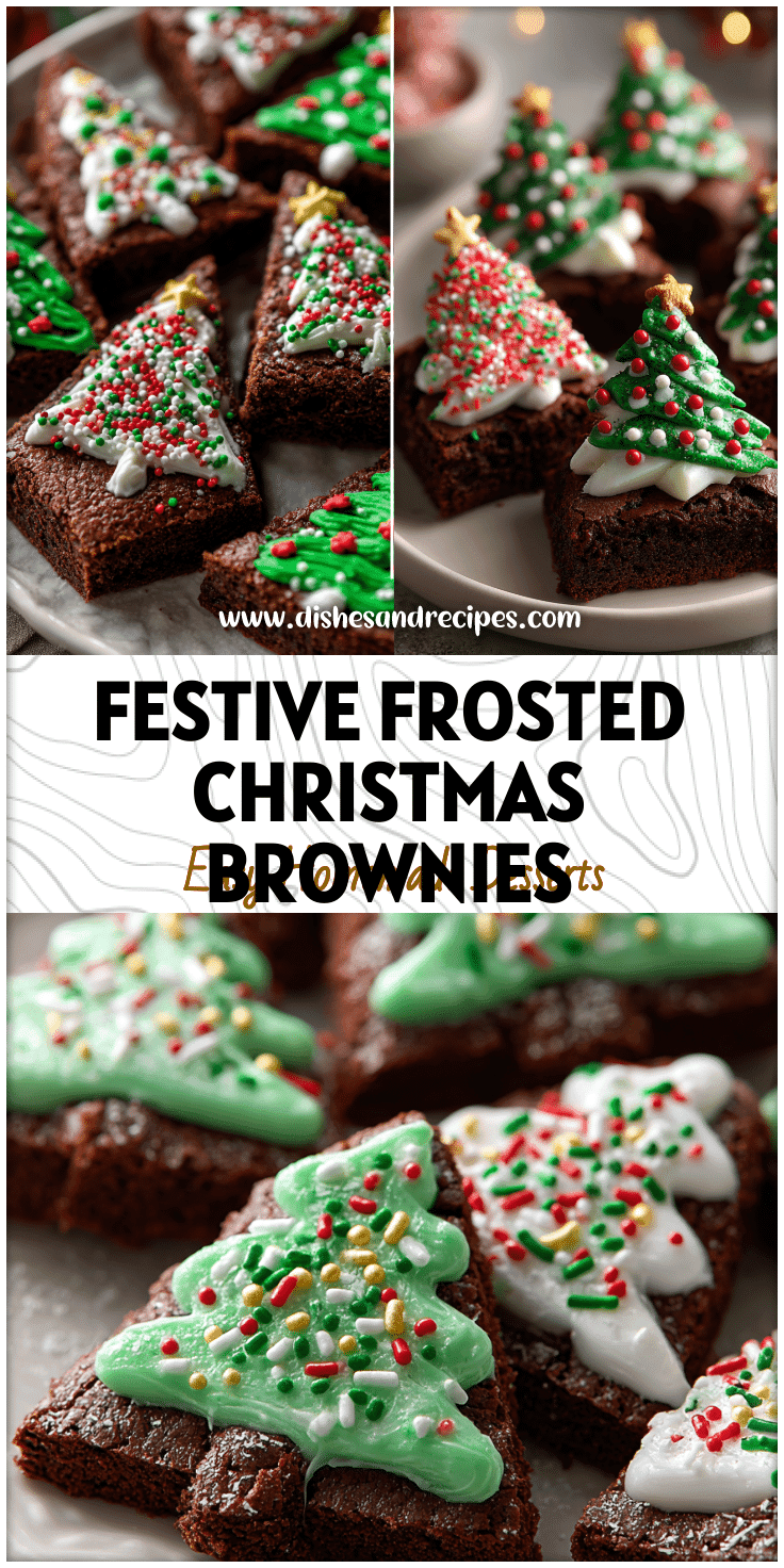 Frosted Christmas Tree Brownies decorated with icing and sprinkles on a festive plate