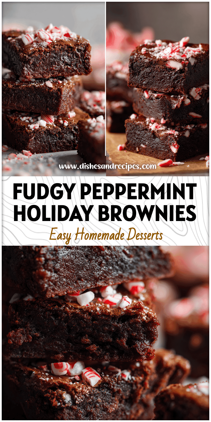Stack of fudgy peppermint fudge brownies topped with crushed candy canes for Christmas baking.