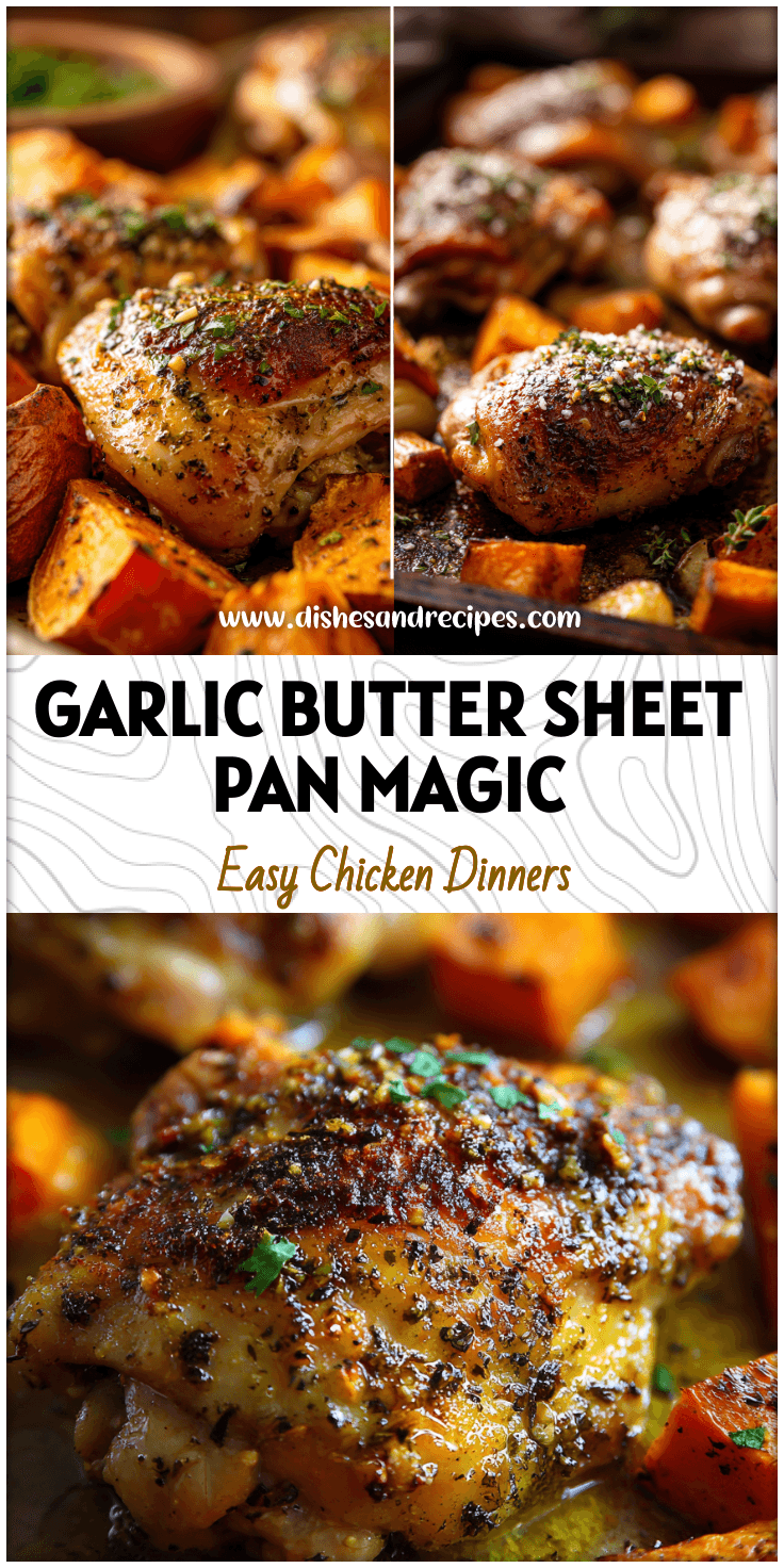 Golden garlic butter chicken thighs with roasted sweet potatoes on one sheet pan meal