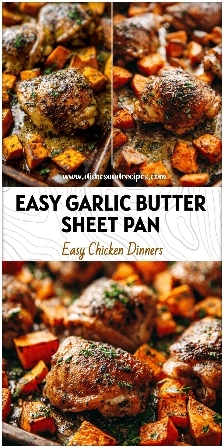 One sheet pan chicken thighs with golden sweet potatoes and herbs on a rustic baking tray