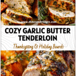 Garlic Butter Turkey Tenderloin Meals for Any Season 5 Juicy garlic butter turkey tenderloin sliced on a platter with sweet potatoes and herbs.