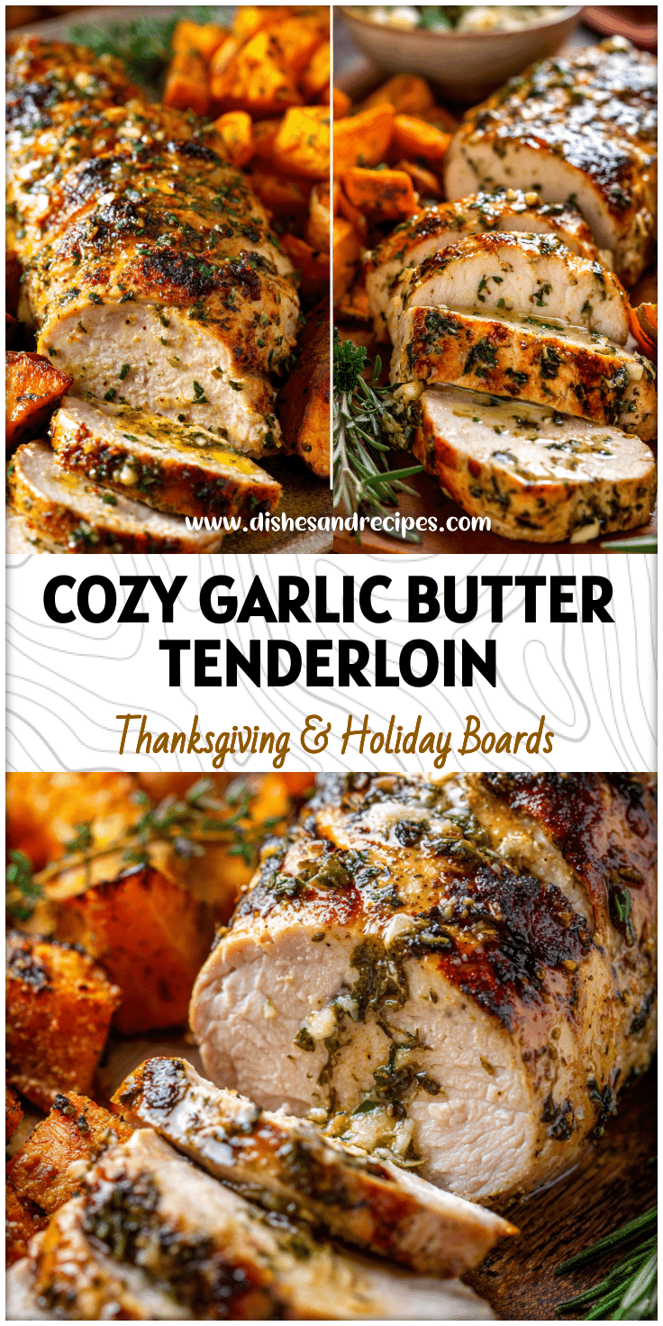 Juicy garlic butter turkey tenderloin sliced on a platter with sweet potatoes and herbs.