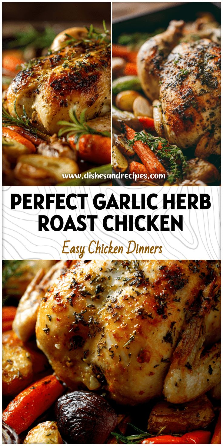 Golden Garlic Herb Whole Chicken roasted with vegetables in a baking pan for a cozy dinner.