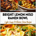 Bowl of Ginger Miso Lemon Chicken Ramen with colorful vegetables and glazed chicken in Japanese ramen style