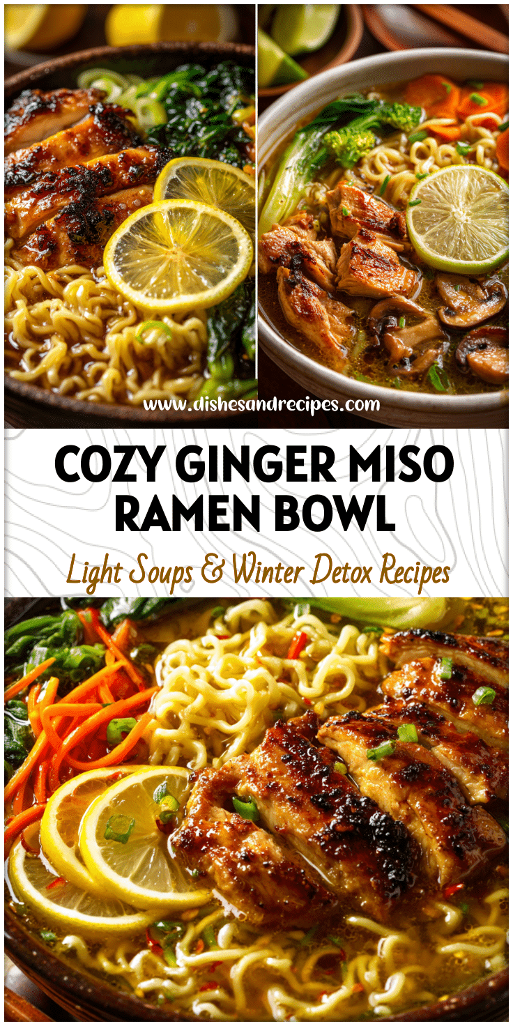 Bowl of Asian Ramen With Vegetables and Glazed Chicken in a Japanese Ramen With Lemon style presentation.