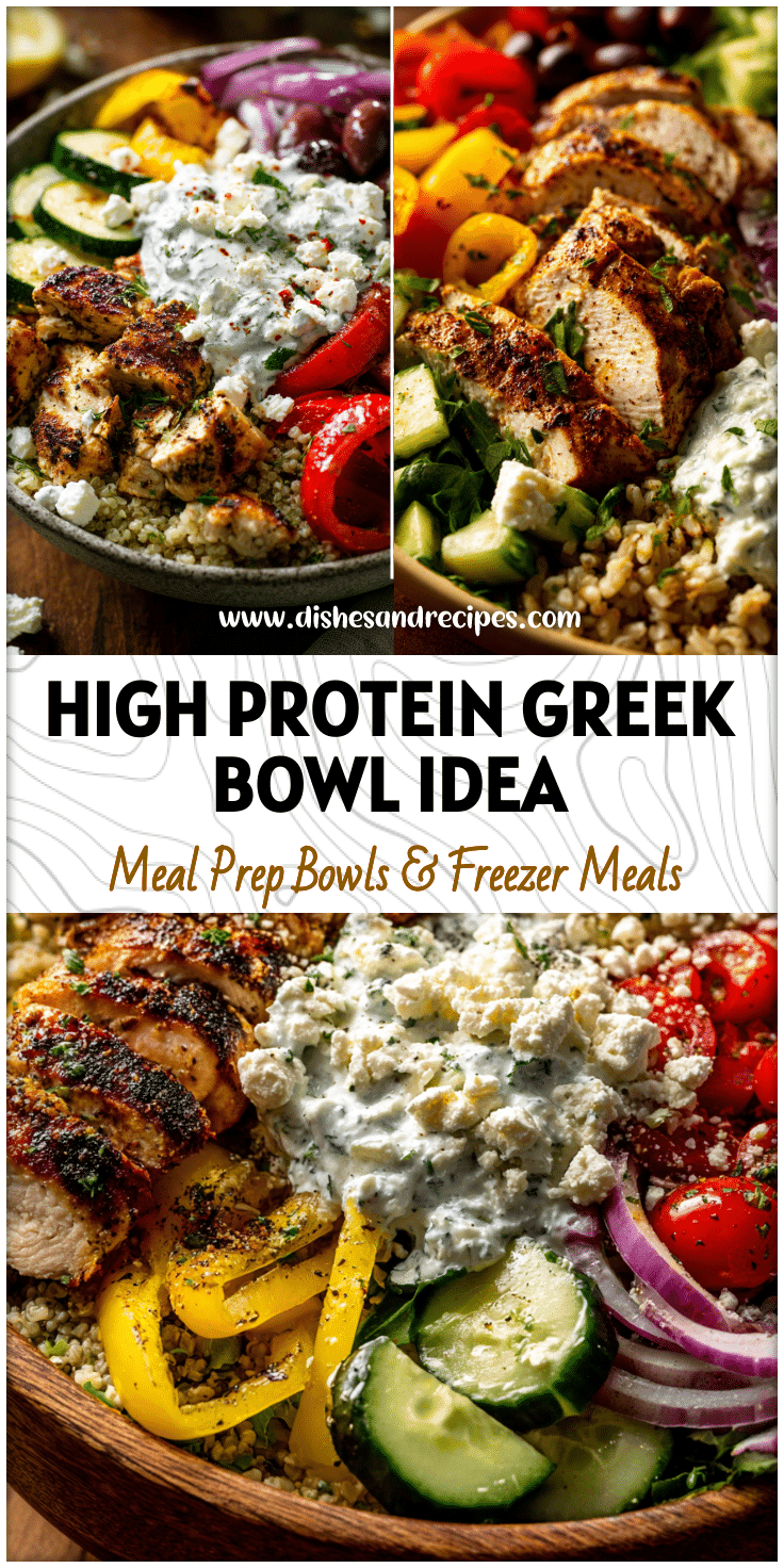 Colorful Greek Inspired Chicken Bowl with grilled chicken, veggies, tzatziki, and grains for a Healthy Greek Bowl Recipe.