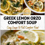 Greek Lemon Chicken And Orzo Soup in a white bowl with fresh dill and lemon wedges.