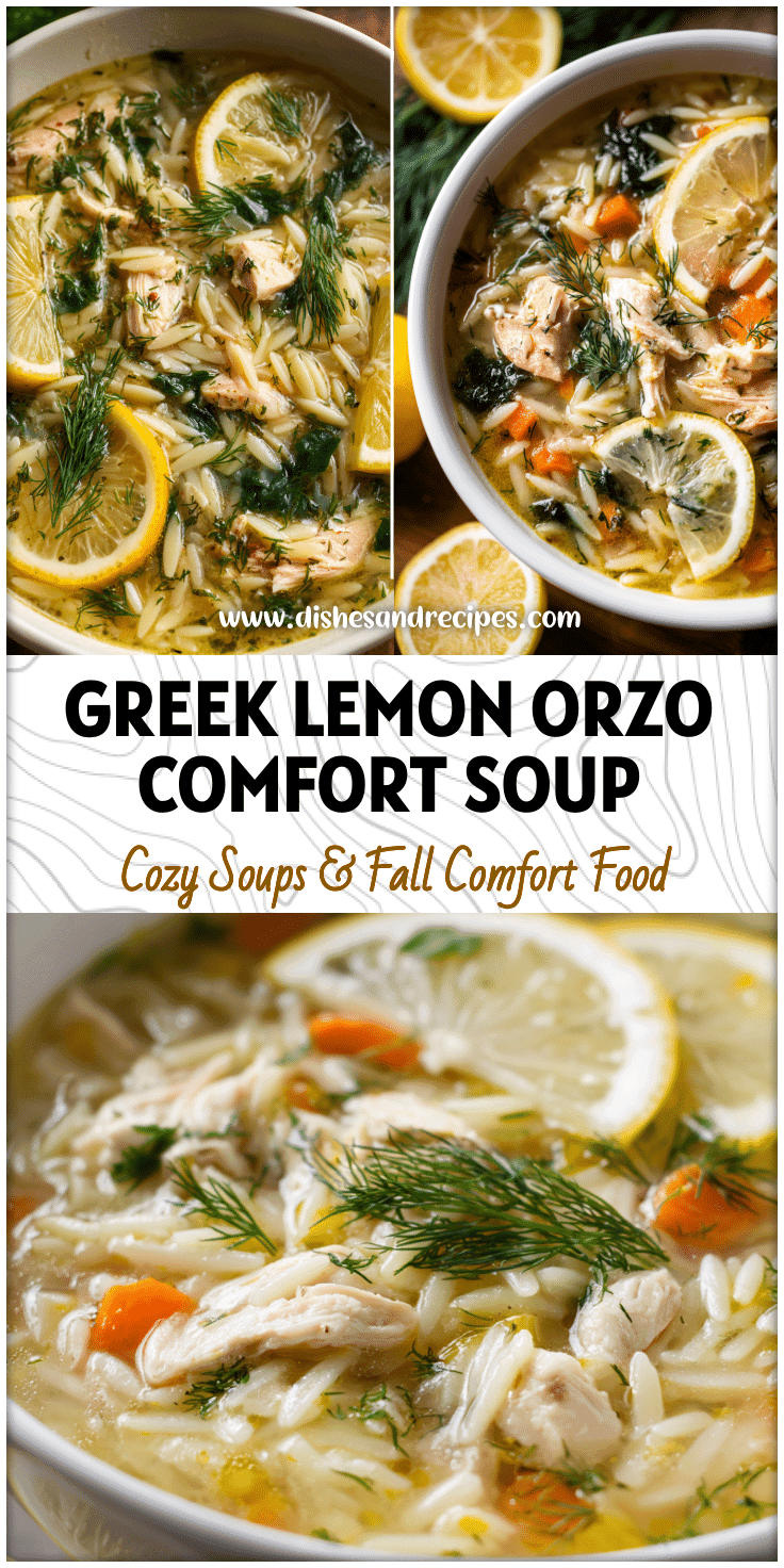 Greek Lemon Chicken And Orzo Soup in a white bowl with fresh dill and lemon wedges.