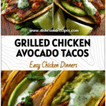 Close-up of grilled Chicken Avocado Tacos topped with fresh lime wedges and creamy Cilantro Lime Sauce.