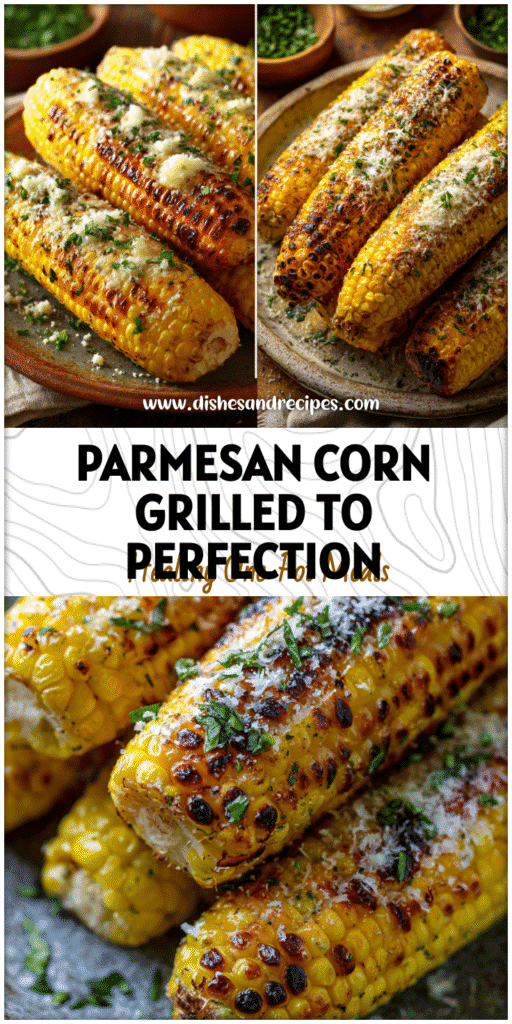 Home 33 Close-up of grilled corn on the cob with parmesan cheese, garlic butter, and herb seasoning on a rustic plate.