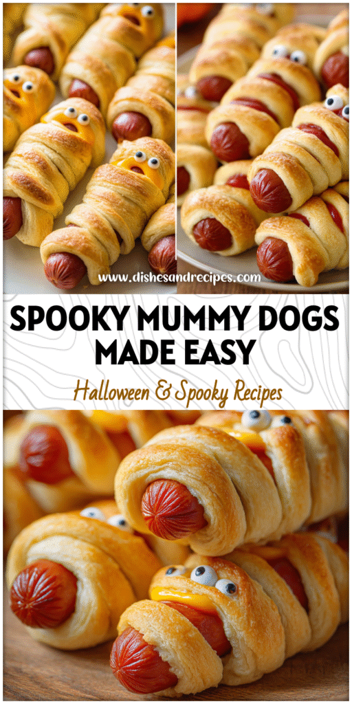 Home 14 Golden Crescent Roll wrapped Mummy Hot Dogs arranged on a Halloween party platter.