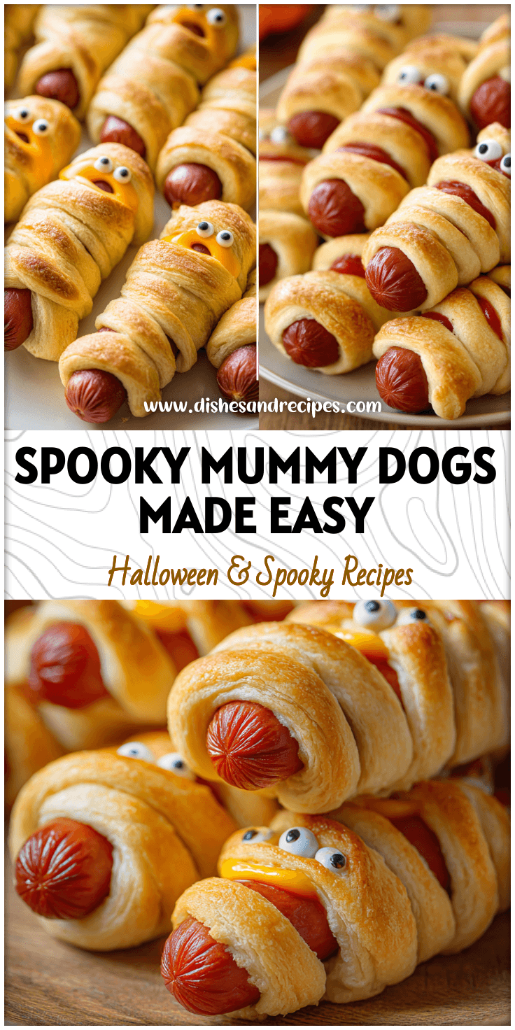 Golden Crescent Roll wrapped Mummy Hot Dogs arranged on a Halloween party platter.