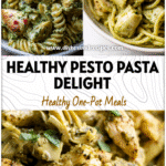 Healthy chicken and artichoke pesto pasta served in a white bowl with creamy green pesto sauce.