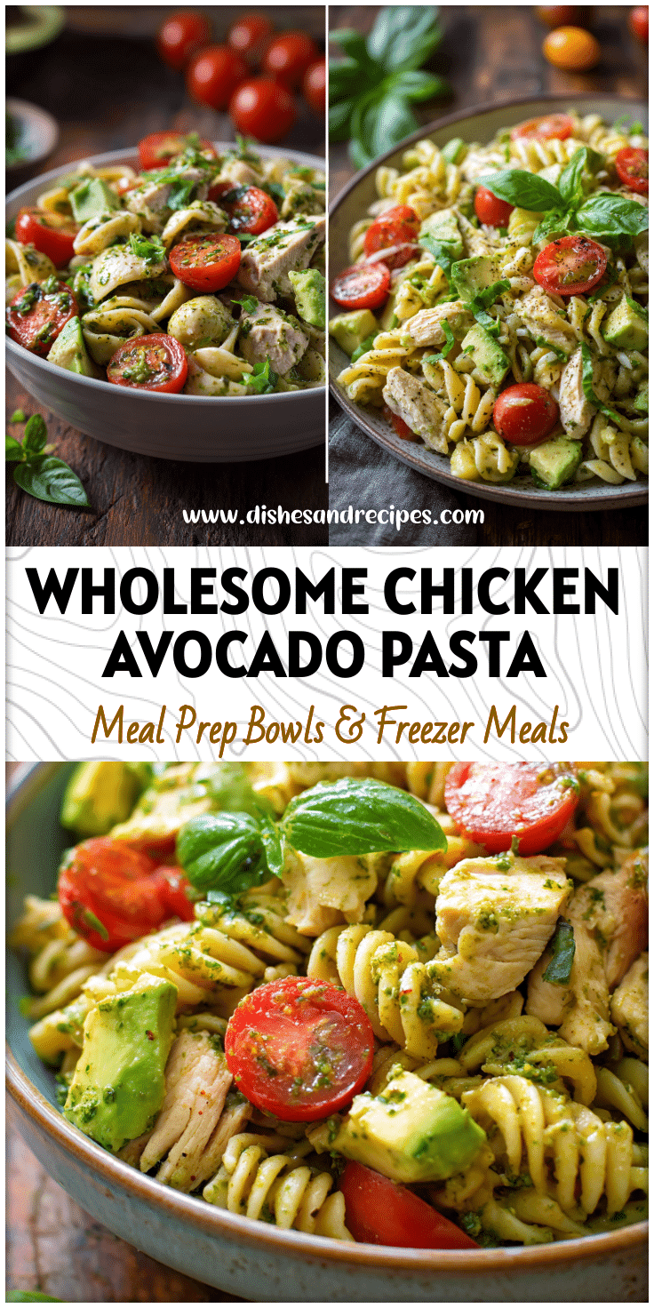A bowl of Healthy Chicken Avocado Pasta Salad with tomato and basil garnished vibrantly on a rustic table.