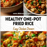 Bowl of healthy chicken fried brown rice with veggies in a one-pot fried rice style meal prep.
