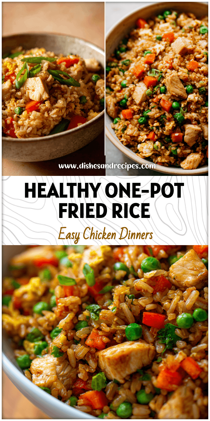 Bowl of healthy chicken fried brown rice with veggies in a one-pot fried rice style meal prep.