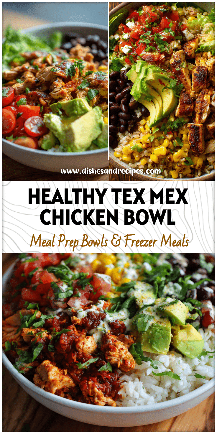 Colorful Chicken and Avocado Burrito Bowls styled like a Healthy High Protein Burrito and Tex Mex Bowl Recipe