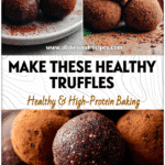 Healthy Chocolate Truffle Energy Balls with Chickpeas | Easy Vegan Treat 5 Round Chickpea Chocolate Truffles on a plate, a healthy vegan treat ideal for Recetas Fitness and Patisserie Vegan lovers.
