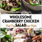 Bowl of Healthy Cranberry Pecan Chicken Salad with creamy dressing and fresh greens.