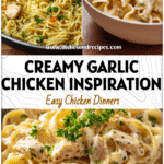 Bowl of creamy chicken and garlic noodles garnished with parsley and served warm.