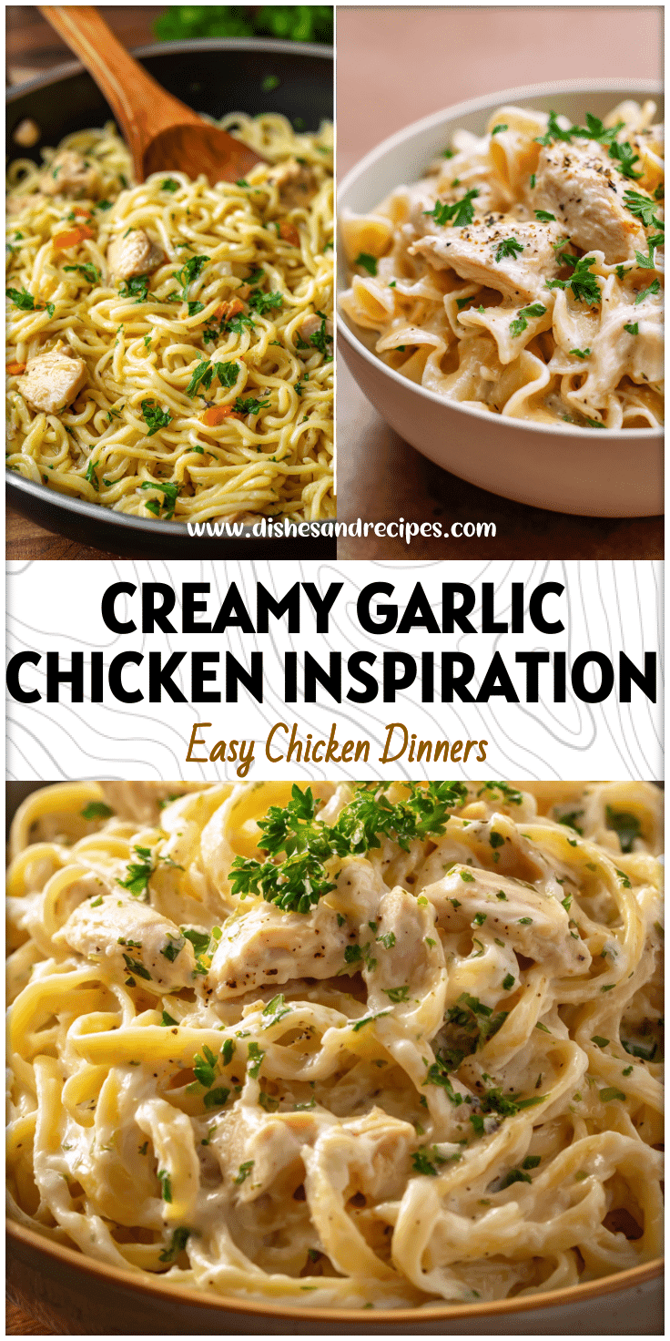 Bowl of creamy chicken and garlic noodles garnished with parsley and served warm.