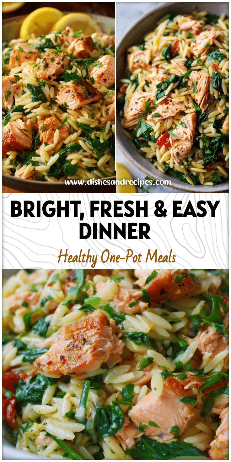 Bowl of Mediterranean lemon orzo mixed with salmon chunks, spinach leaves, and fresh herbs