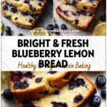 Sliced healthy Lemon Blueberry Bread with fresh berries and lemons on a light background.
