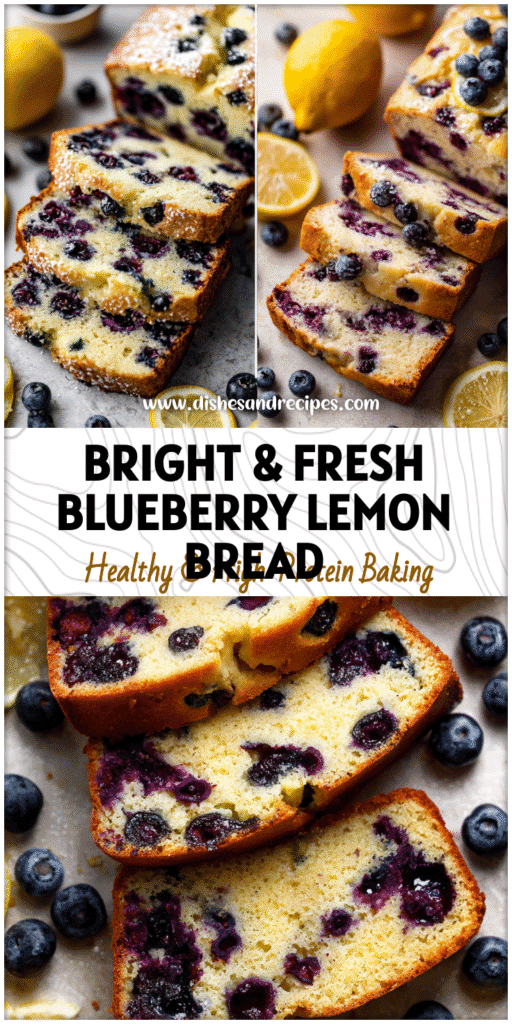Home 17 Sliced healthy Lemon Blueberry Bread with fresh berries and lemons on a light background.