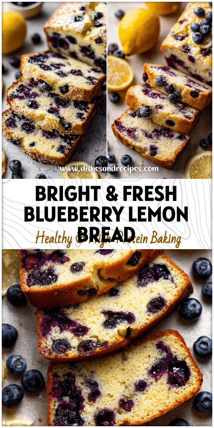 Sliced healthy Lemon Blueberry Bread with fresh berries and lemons on a light background.