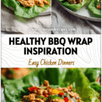 Plate of BBQ chicken lettuce wraps styled like stuffed peppers on a bright linen background.