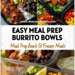 Healthy Mexican Chicken Meal Prep Bowls with Burrito Marinade Flavor 5 Meal prep containers filled with burrito chicken, rice, beans, and colorful vegetables for a healthy Mexican bowl recipe.