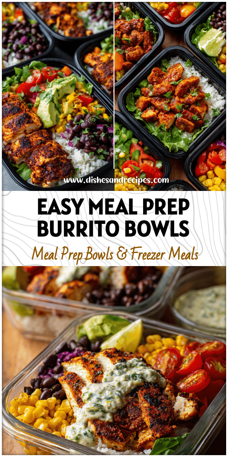 Meal prep containers filled with burrito chicken, rice, beans, and colorful vegetables for a healthy Mexican bowl recipe.