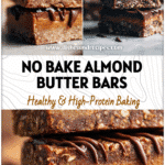 Stacked almond butter brownie bars with chocolate drizzle showcasing Healthy No Bake Almond Butter Bars and Vegan Raw Desserts.