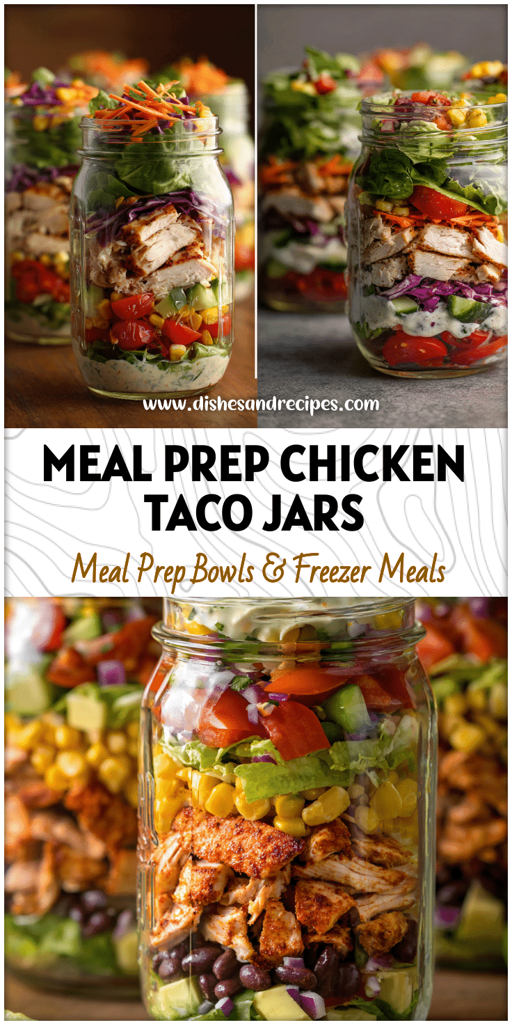 Colorful Healthy Southwest Chicken Taco Salad Jars layered with chopped chicken, veggies, and creamy dressing for easy meal prep.