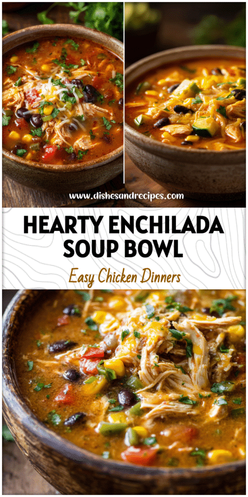 Home 35 Delicious enchilada soup with chicken, vegetables, and melted cheese served in a rustic bowl.