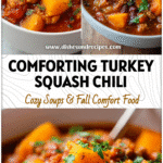 Close-up of Turkey Butternut Squash Chili Crockpot served with fresh herbs in a bowl