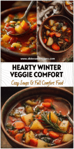 Rustic bowl of hearty Winter Veggie Soup with carrots, potatoes, and herbs ready to serve