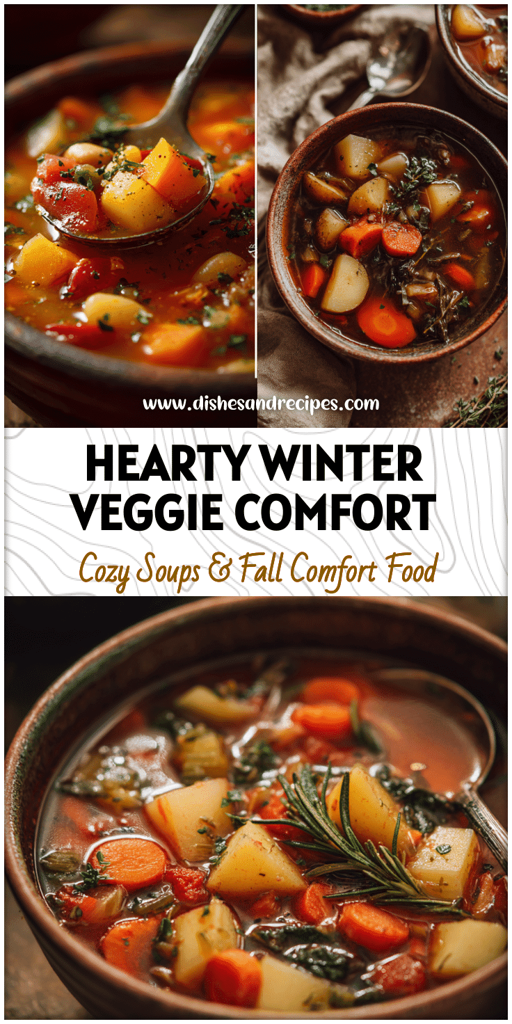 Rustic bowl of hearty Winter Veggie Soup with carrots, potatoes, and herbs ready to serve