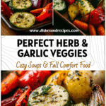 Tray of herb and garlic seasoned veggies roasted vegetables with colorful bell peppers, carrots, and zucchini.