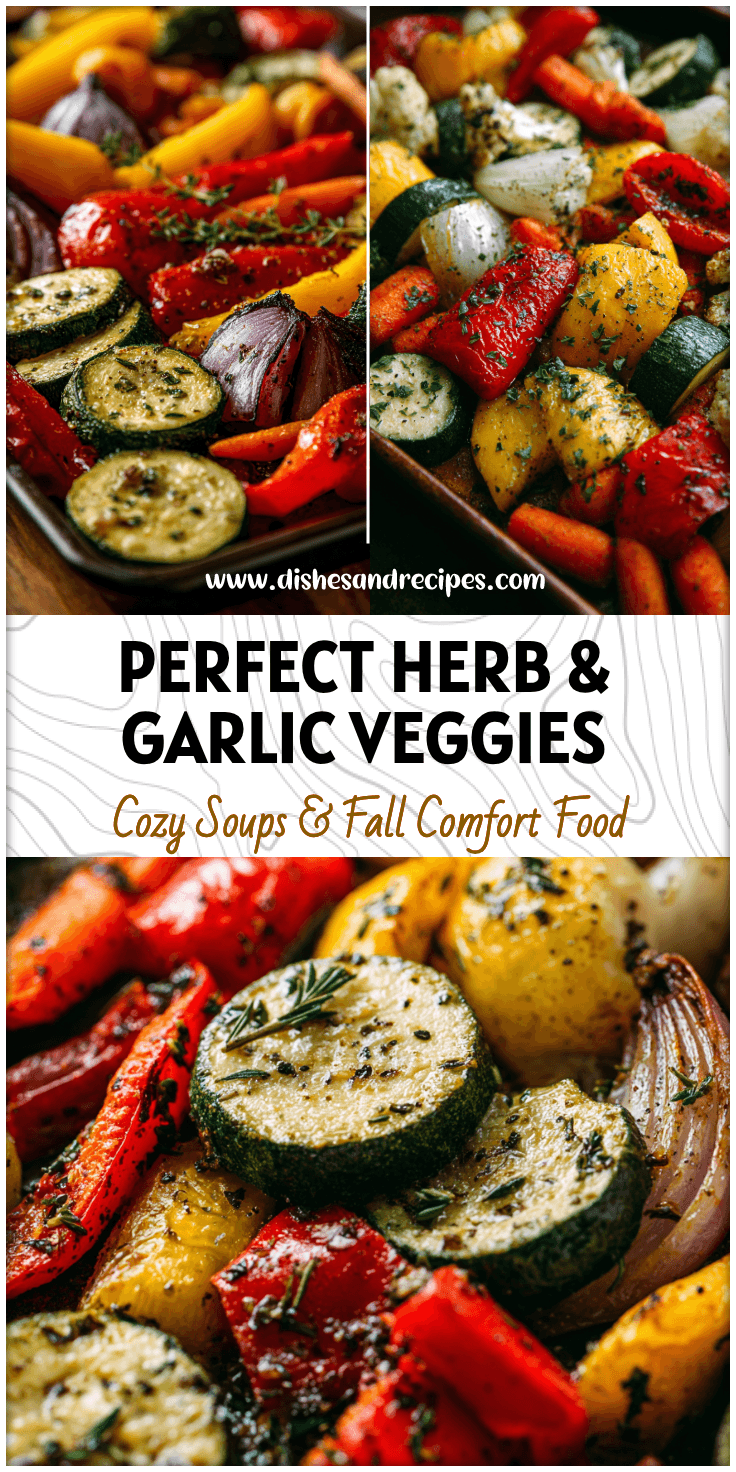 Tray of herb and garlic seasoned veggies roasted vegetables with colorful bell peppers, carrots, and zucchini.