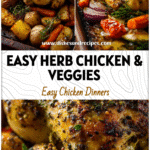 Herb-roasted chicken with golden vegetables on a rustic baking tray, fresh from the oven.