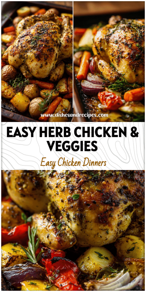 Herb-roasted chicken with golden vegetables on a rustic baking tray, fresh from the oven.