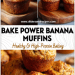Golden Protein Packed Banana Muffins on a wooden board, a perfect Healthy Snacks High In Protein breakfast idea.