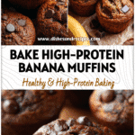 Moist High-Protein Chocolate Banana Muffins with chocolate chips made from ripe bananas and protein powder.