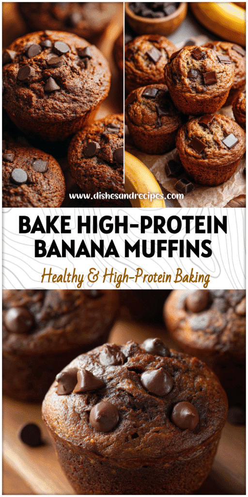 Moist High-Protein Chocolate Banana Muffins with chocolate chips made from ripe bananas and protein powder.