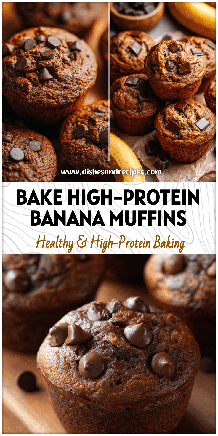 Moist High-Protein Chocolate Banana Muffins with chocolate chips made from ripe bananas and protein powder.